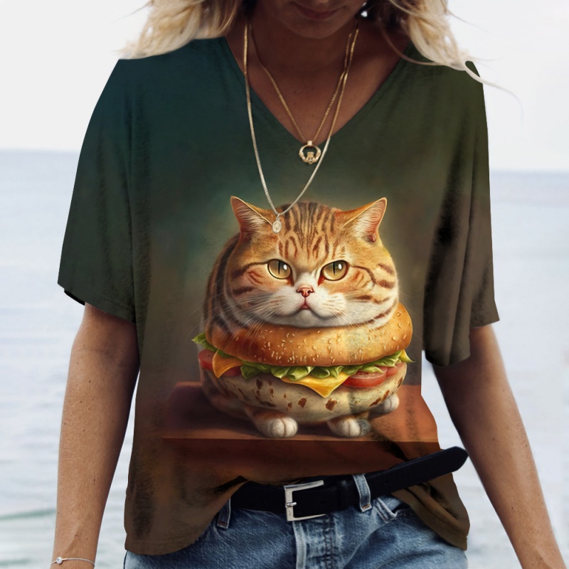 3D Printing In Food - 楽しい猫フードパターン Tシャツ女性のためのかわいい動物 3D プリント半袖夏ルーズ Tシャツ O