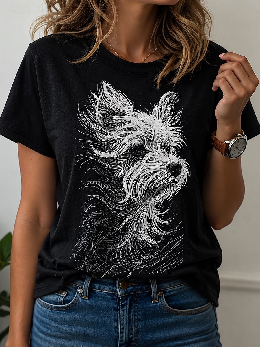 3D Printing Yorkshire - レディース春夏3DプリントクルーネックTシャツ、スケッチラインヨークシャーテリア犬のポートレートプリントカジュアルデイリーティー