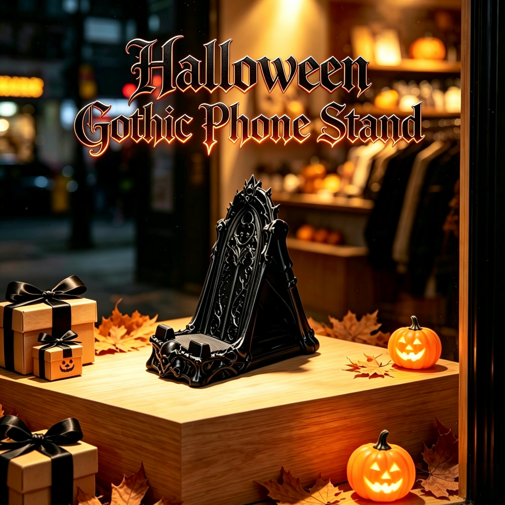 3D Printing Tablet - ハロウィン用ダークスカルオーナメント、3Dプリントされたゴシック模様の窓型スマホスタンド、スマホ＆タブレット用デスクトップホルダー
