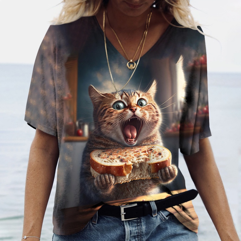 楽しい猫フードパターン Tシャツ女性のためのかわいい動物 3 - 3D Printing In Food のレビューと価格